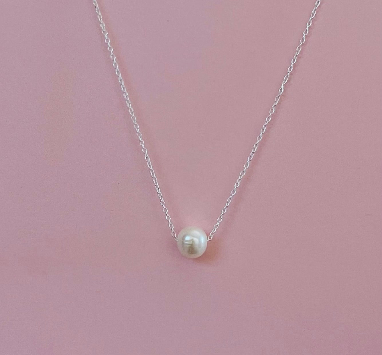 Floating Fresh Water White Pearl Necklace on .925 Sterling Silver Chain