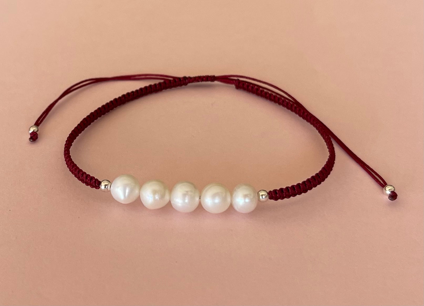 Five White Fresh Water Pearls on Adjustable Cord Bracelet Red Media 8 of 9