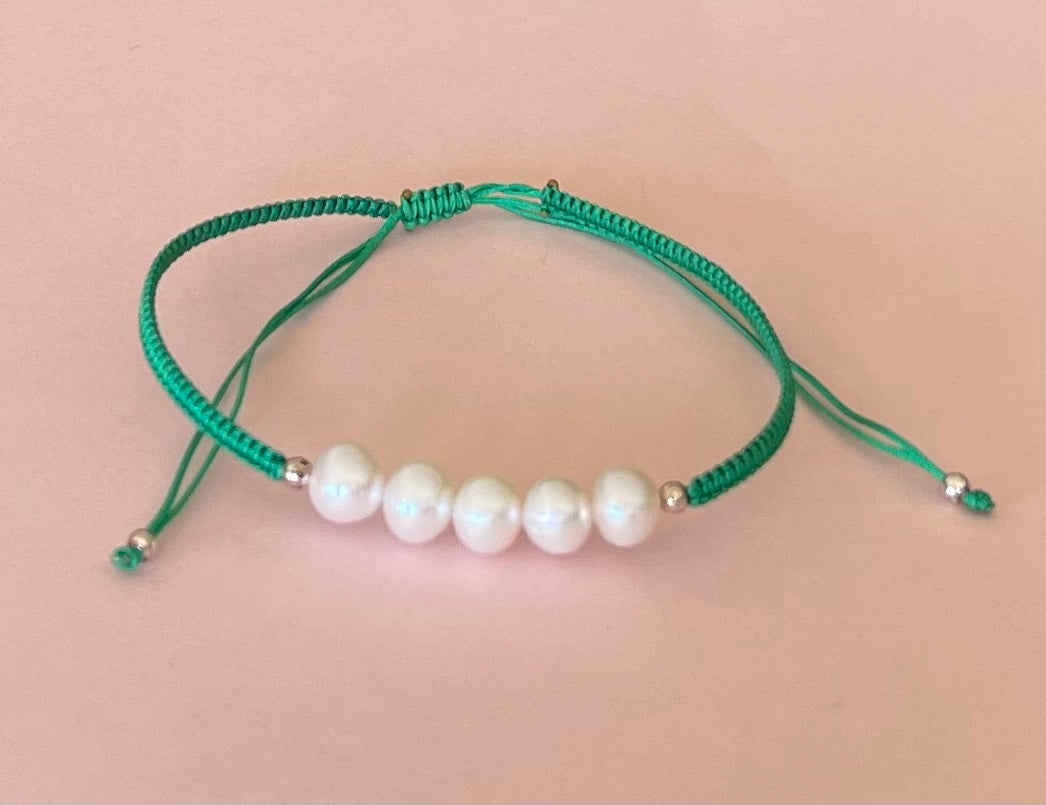 Five White Fresh Water Pearls on Adjustable Cord Bracelet Green Media 2 of 9