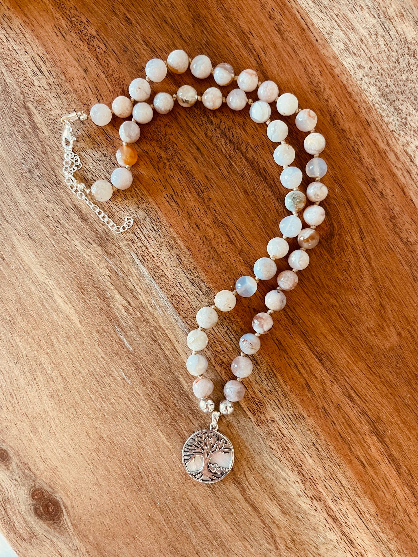 Cherry Blossom Agate with Tree of Life Pendant